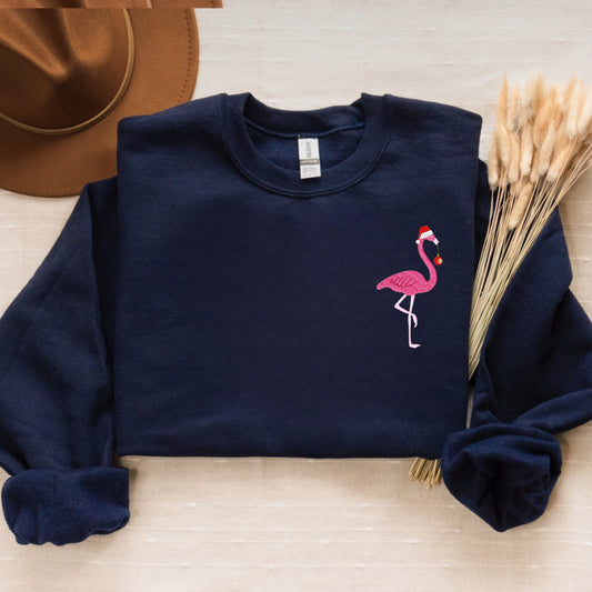 Embroidered Christmas Flamingo Sweatshirt, Flamingo Santa Hat Crewneck or Hoodie