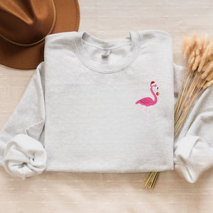 Embroidered Christmas Flamingo Sweatshirt, Flamingo Santa Hat Crewneck or Hoodie