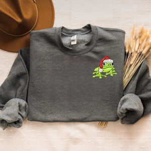 Embroidered Christmas Frog Sweatshirt, Funny Frog Santa Hat Crewneck or Hoodie