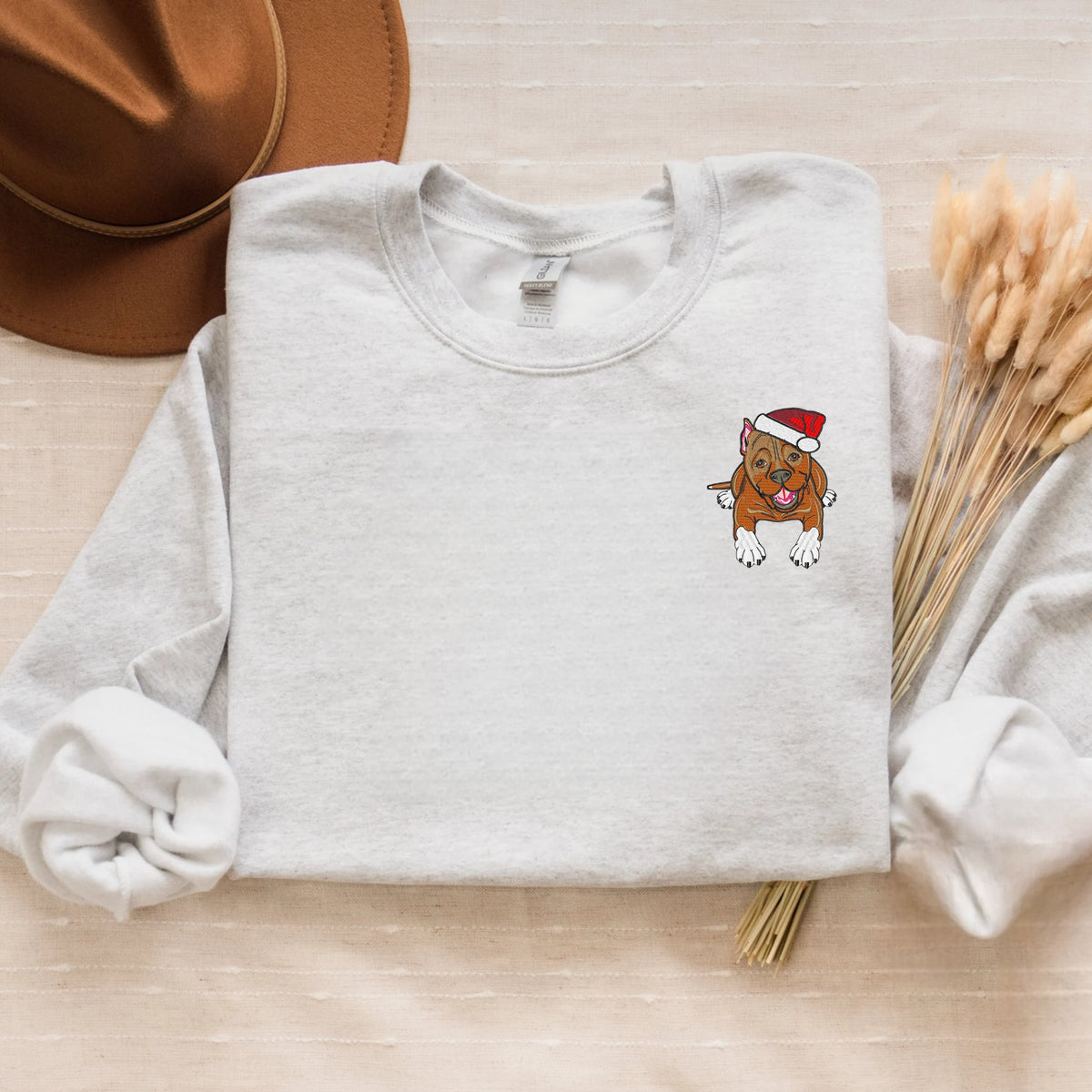 Embroidered Christmas Pitt Bull Sweatshirt, Pitt Bull Dog Santa on Pocket Crewneck or Hoodie