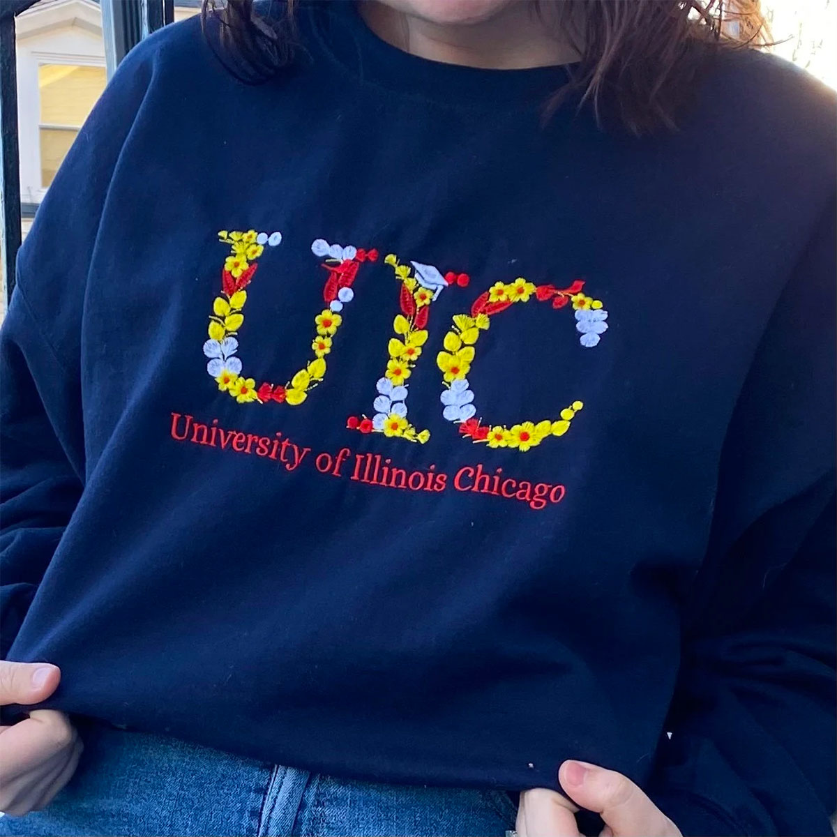 Embroidered Flower Sweatshirt Bloom in College Style