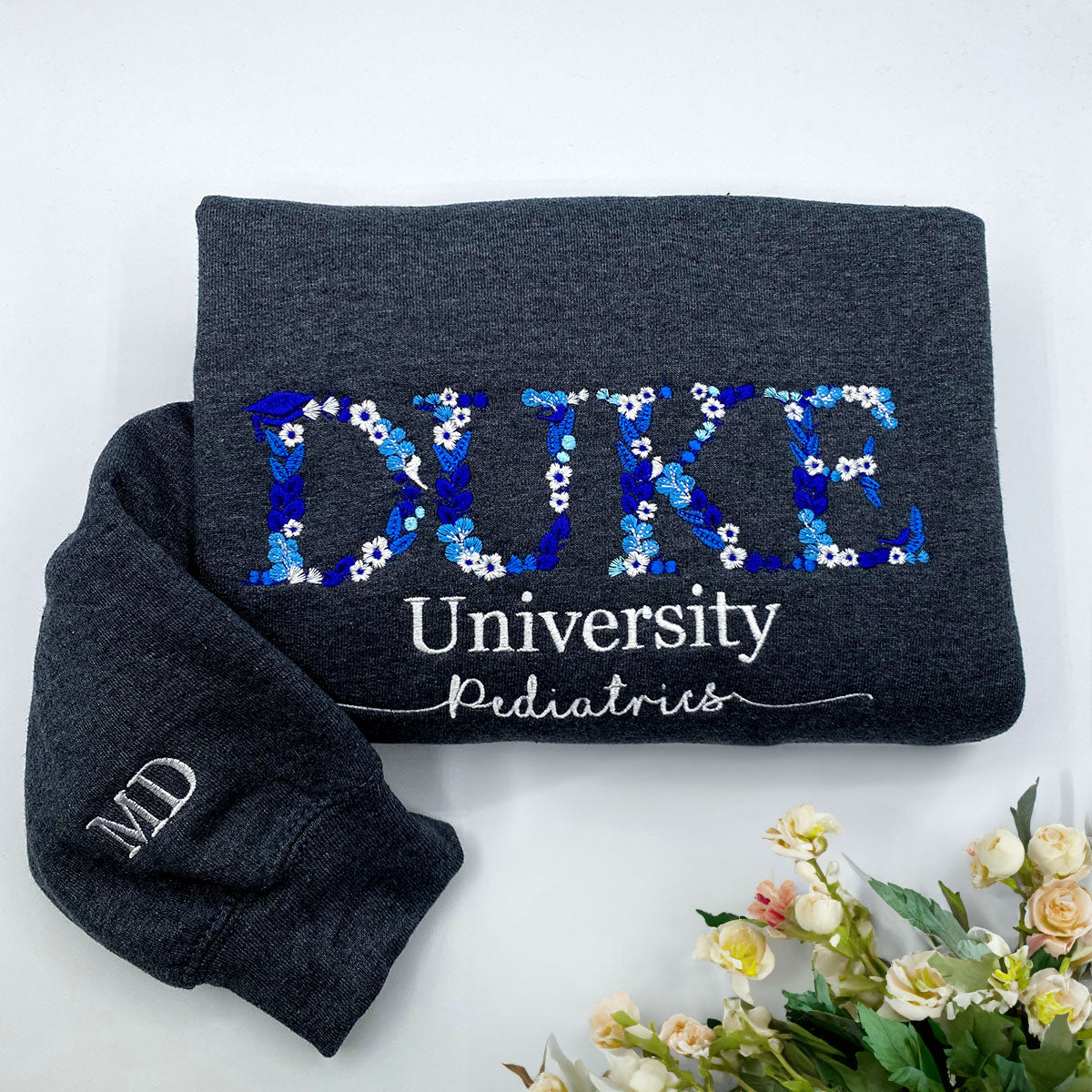 Embroidered Flower Sweatshirt Bloom in College Style
