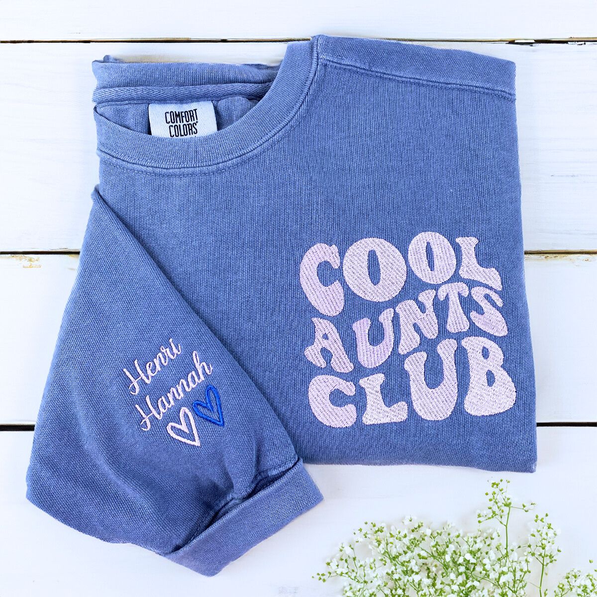 Cool Aunts Club Sweatshirt or T-Shir with Niece or Nephew Name on Sleeve, Custom Embroidered Gift for Aunt