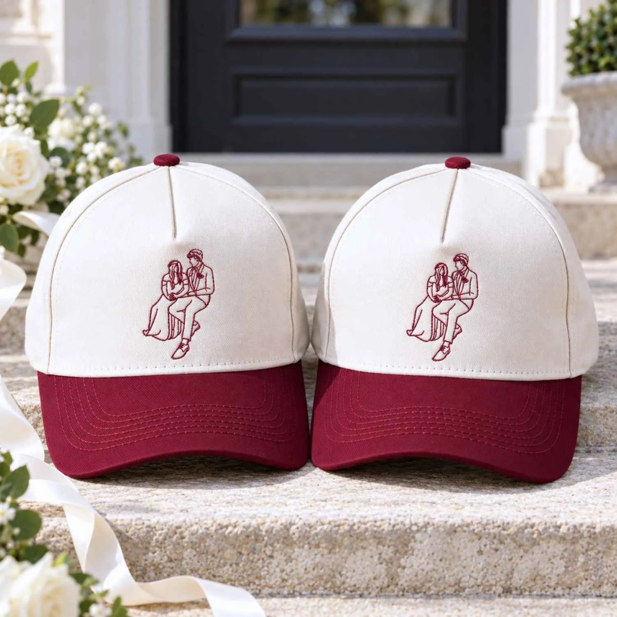 Custom Couple Line Art Snapback Hat - Embroidered Portrait from Photo Cap, Birthday Gifts for Husband