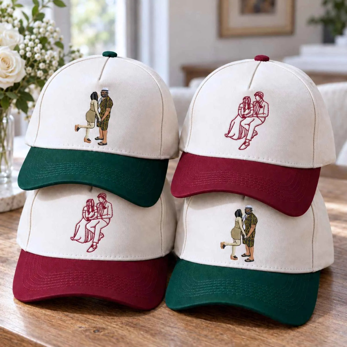 Custom Couple Line Art Snapback Hat - Embroidered Portrait from Photo Cap, Birthday Gifts for Husband