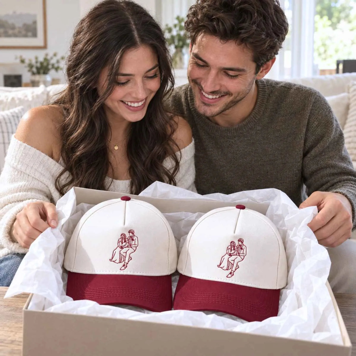 Custom Couple Line Art Snapback Hat - Embroidered Portrait from Photo Cap, Birthday Gifts for Husband