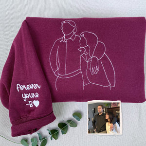 Gift for Newly Married Couple with Photo Portrait Sweatshirt Embroidered, Initial Heart on sleeve