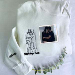 Custom Embroidered Photo Portrait Couple Hoodie or Sweatshirt, Personalized Gift for Him Her