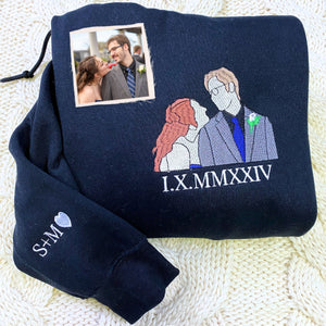 Personalized Unique Bridal Shower Gift for Daughter Sweatshirt with Embroidery Photo Text Icon on Sleeve