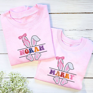 Toddler Bunny Ears Sweatshirt or Hoodie with Name on Chest, Custom Embroidered Easter Gift for Kids