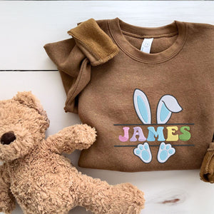 Toddler Bunny Ears Sweatshirt or Hoodie with Name on Chest, Custom Embroidered Easter Gift for Kids