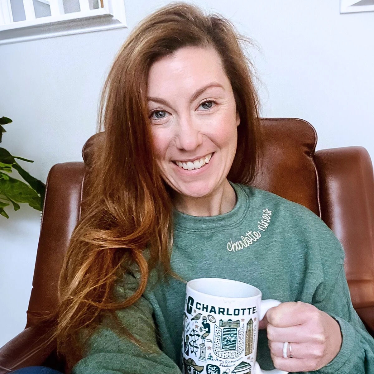 Custom text neckline dark heather green sweatshirt happy customer embroidered