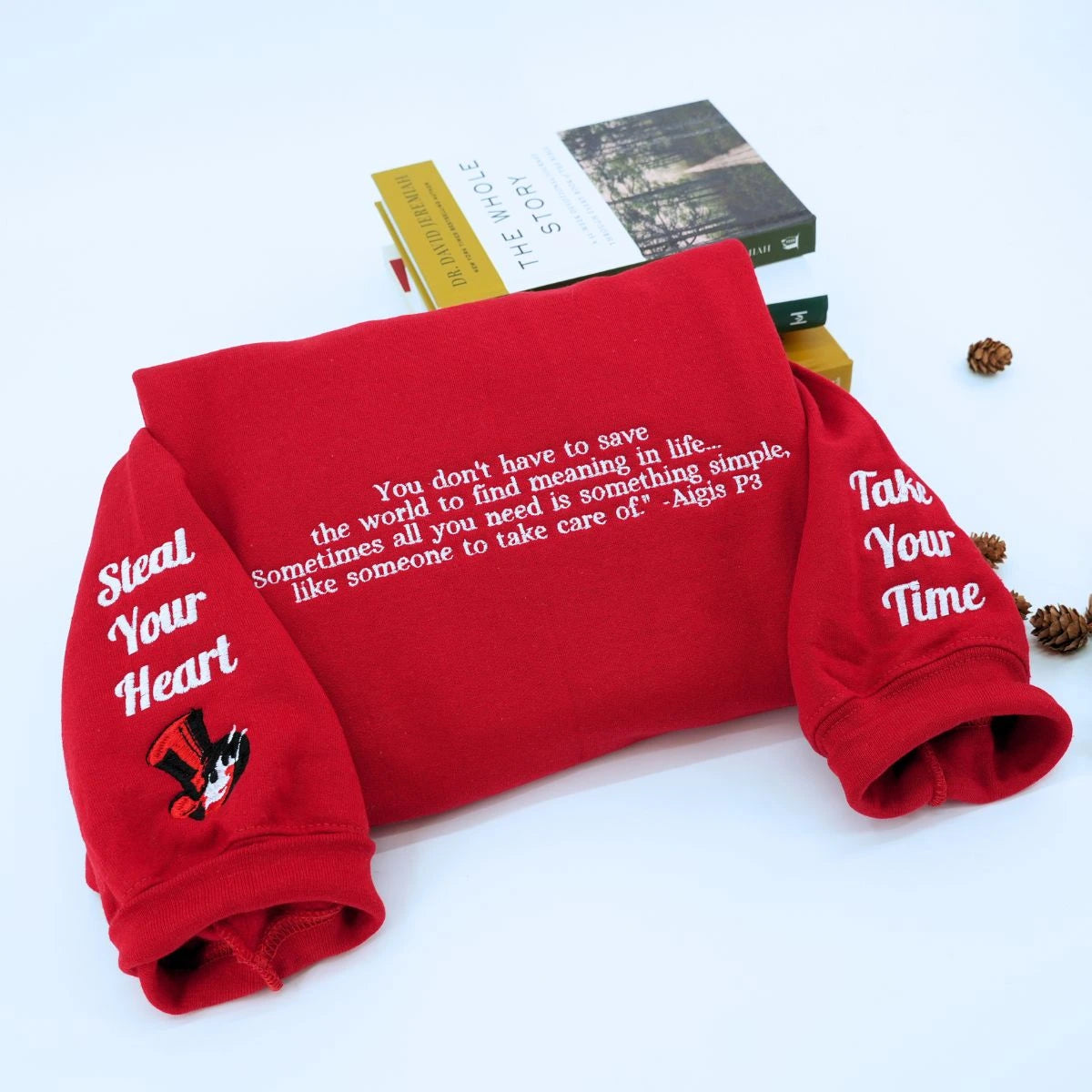 Red custom text with icon on sleeve, best gift