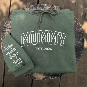 Mummy Hoodie or Sweatshirt with Embroidered Kids Names on Sleeve