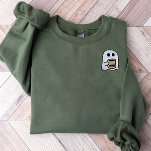 Cute Spooky Coffee Sweatshirt, Spooky Season Embroidered Hoodie