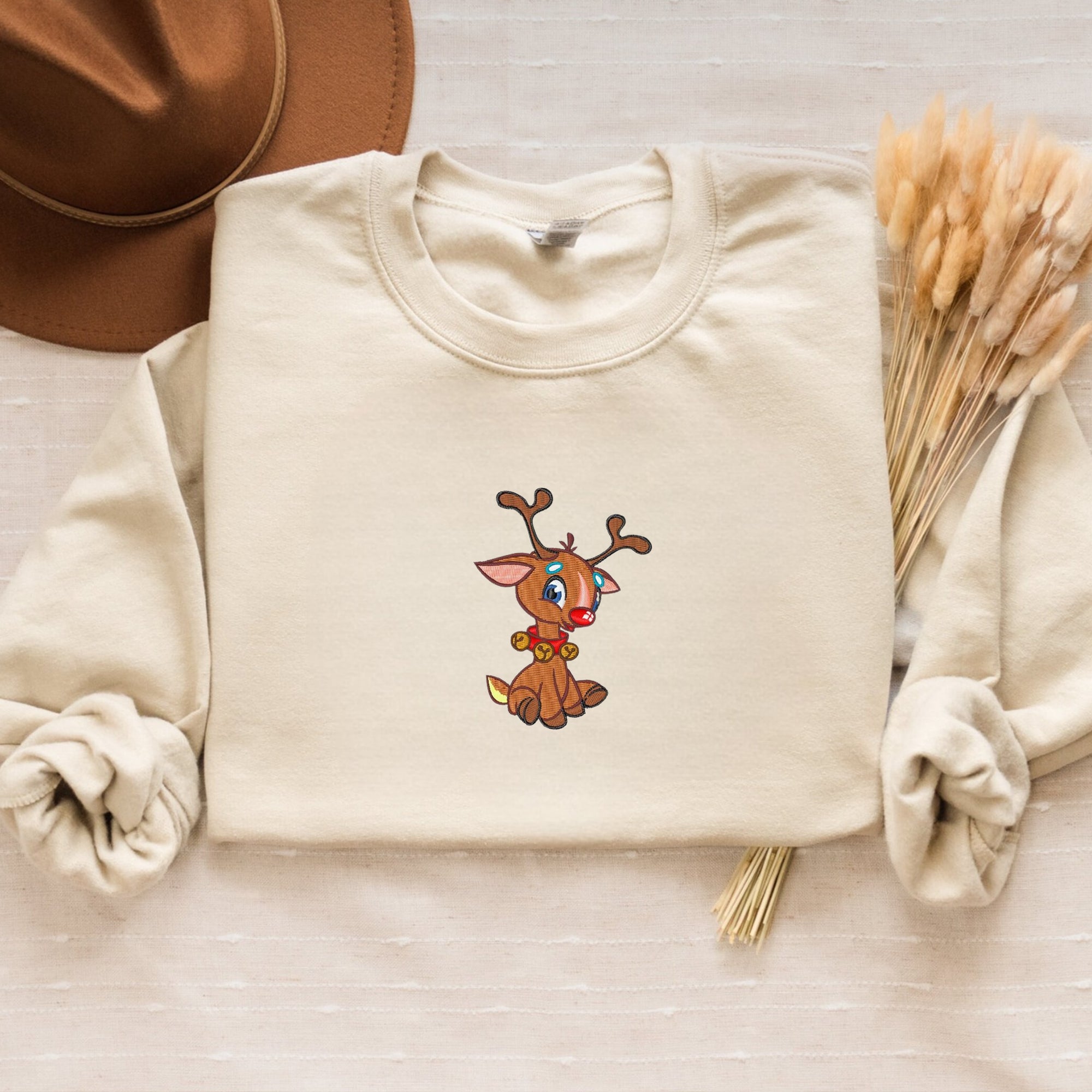 Embroidered Christmas Rudolph Sweatshirt, Cute Rudolph Crewneck or Hoodie