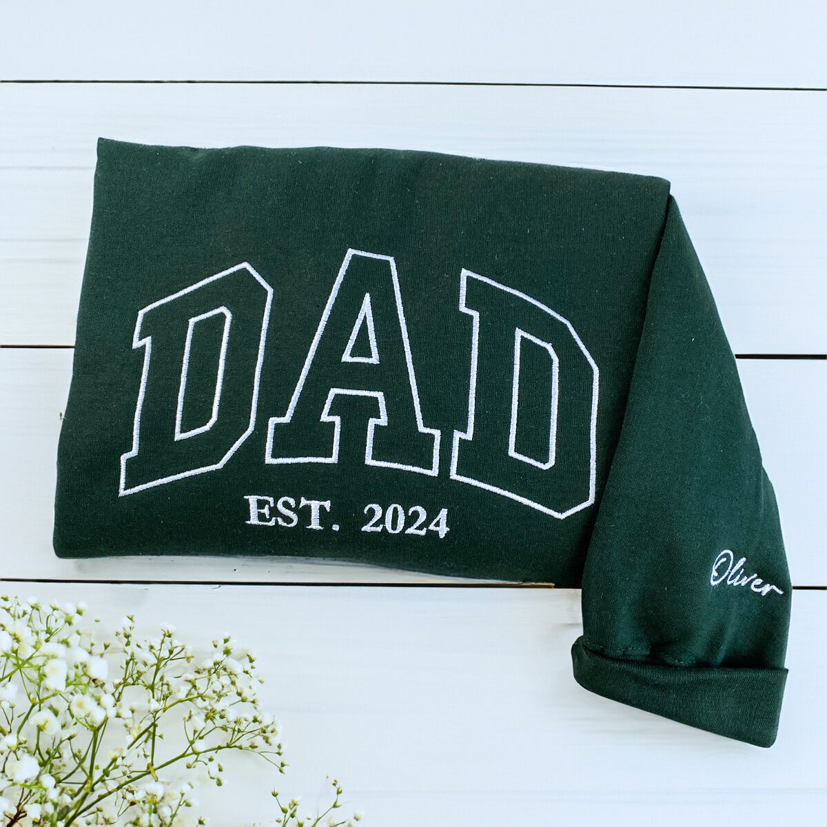 Dad Forest Green Sweatshirt with 'Est 2024' Embroidery and Kid's Name on Sleeve, a meaningful gift and cozy gift for mom and dad