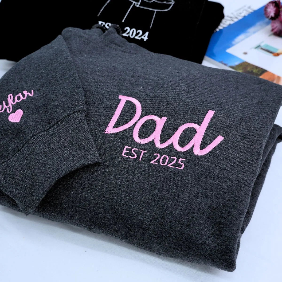 Dark Heather with Est. 2025 embroidery on chest, a meaningful and cozy gift for new dad