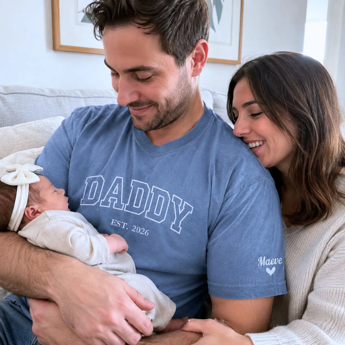 Custom embroidered Daddy Est t-shirt with high-density stitching, personalized gift for a new dad.