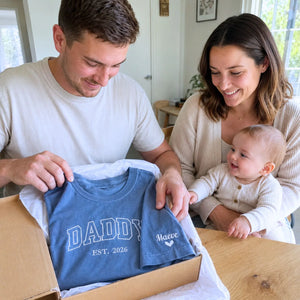 Custom embroidered Daddy Est t-shirt with high-density stitching, personalized gift for a new dad.