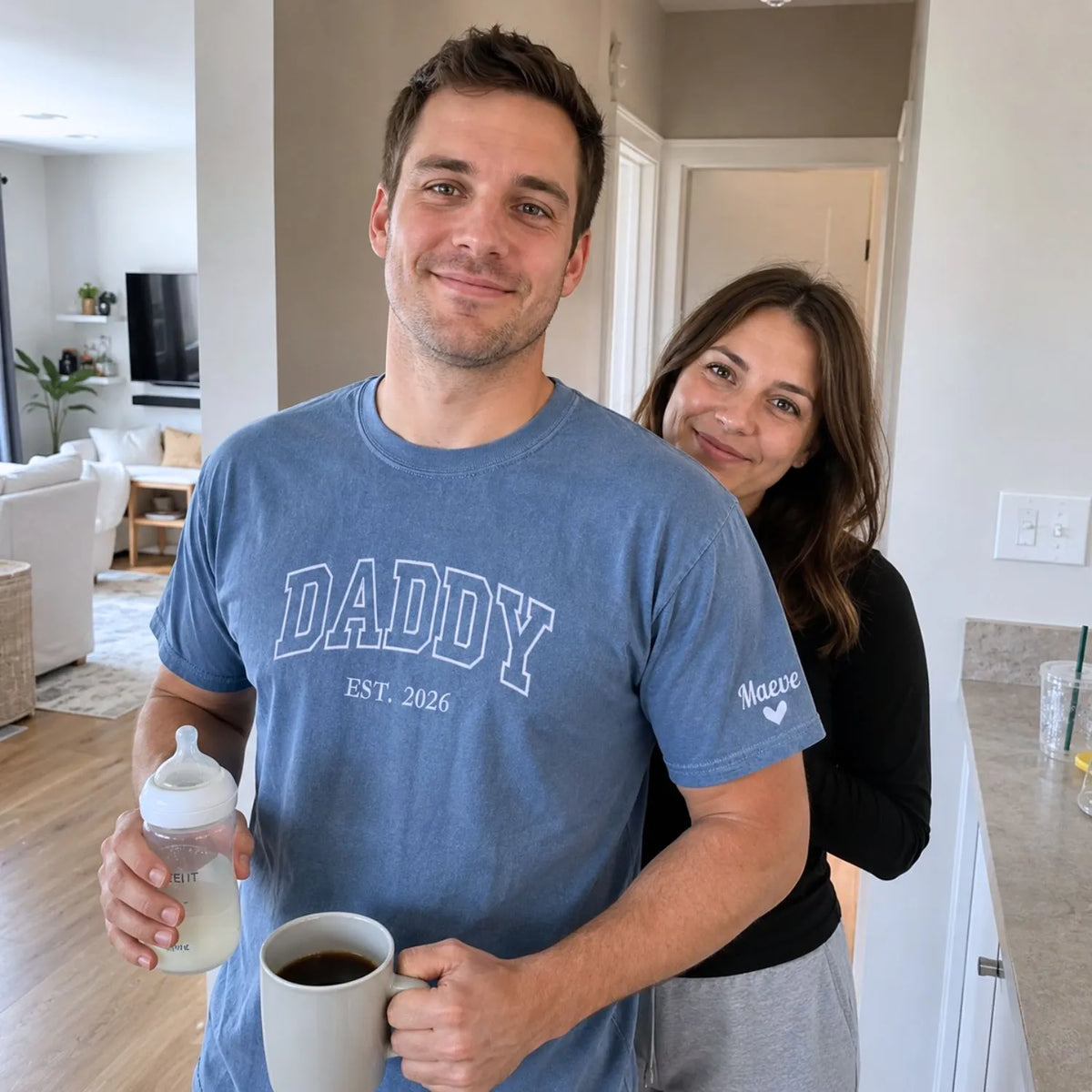 Custom embroidered Daddy Est t-shirt with high-density stitching, personalized gift for a new dad.
