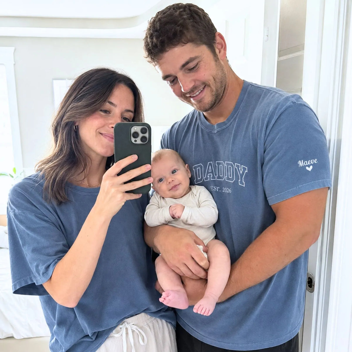 Custom embroidered Daddy Est t-shirt with high-density stitching, personalized gift for a new dad.