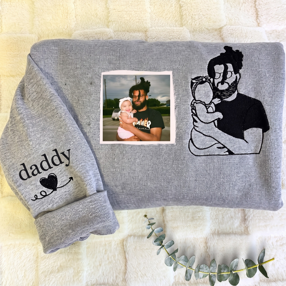 Daddy Daughter First Christmas Gift - Personalized Portrait Photo Embroidered Sweatshirt for New Dad