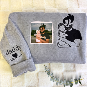 Daddy Daughter First Christmas Gift - Personalized Portrait Photo Embroidered Sweatshirt for New Dad