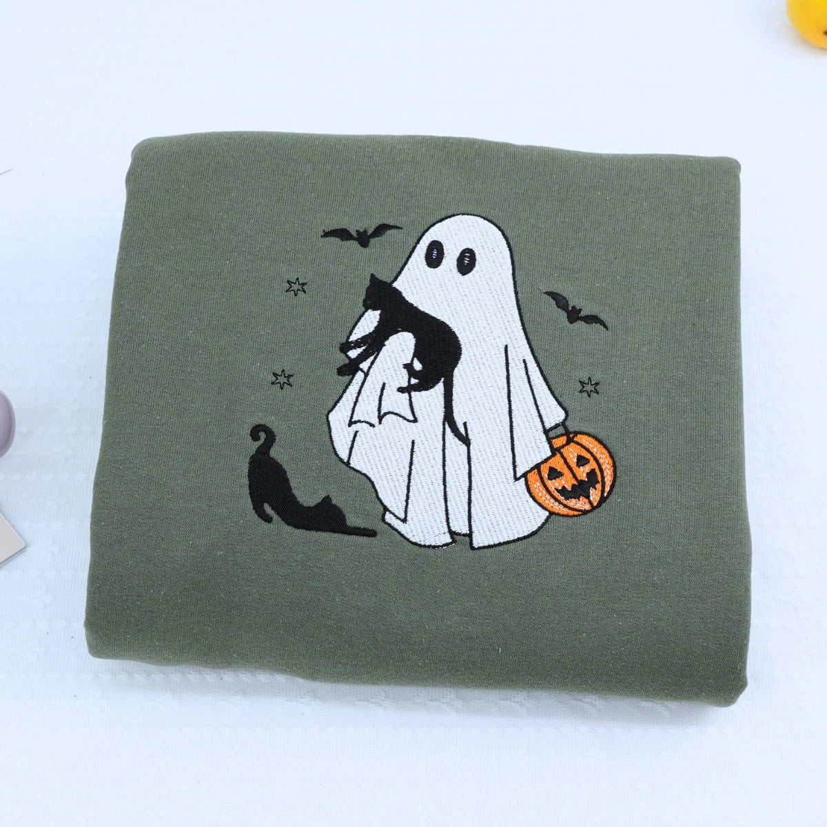 Heather Dark Green Ghost Cat Halloween Sweatshirt, spooky season gift