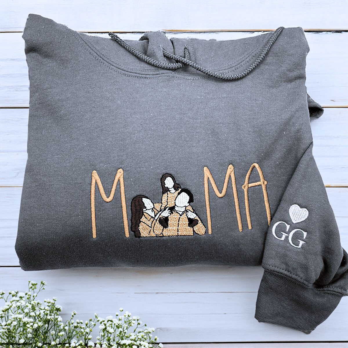 Folded Dark heather Mama Sweatshirt witj Family Portrait Embroidery, a meaningful and cozy gift for Mama