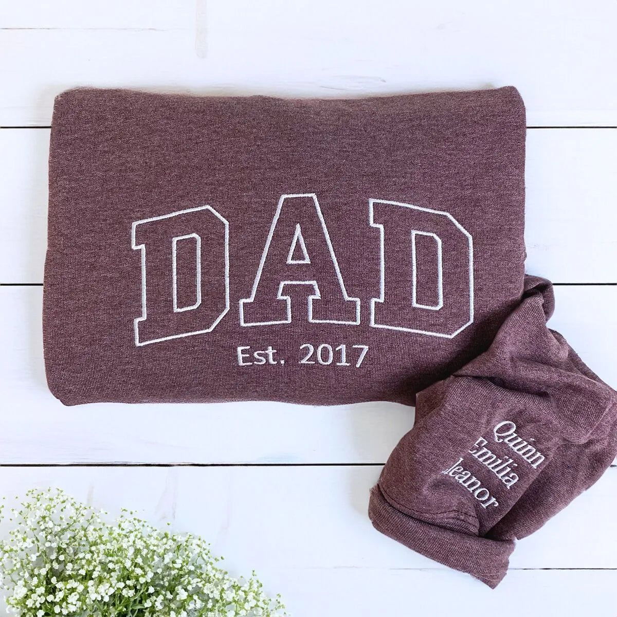 Dark Heather Maroon Dad Sweatshirt with 'EST. 2017' Embroidery, a meaningful and cozy gift for proud dad your husband