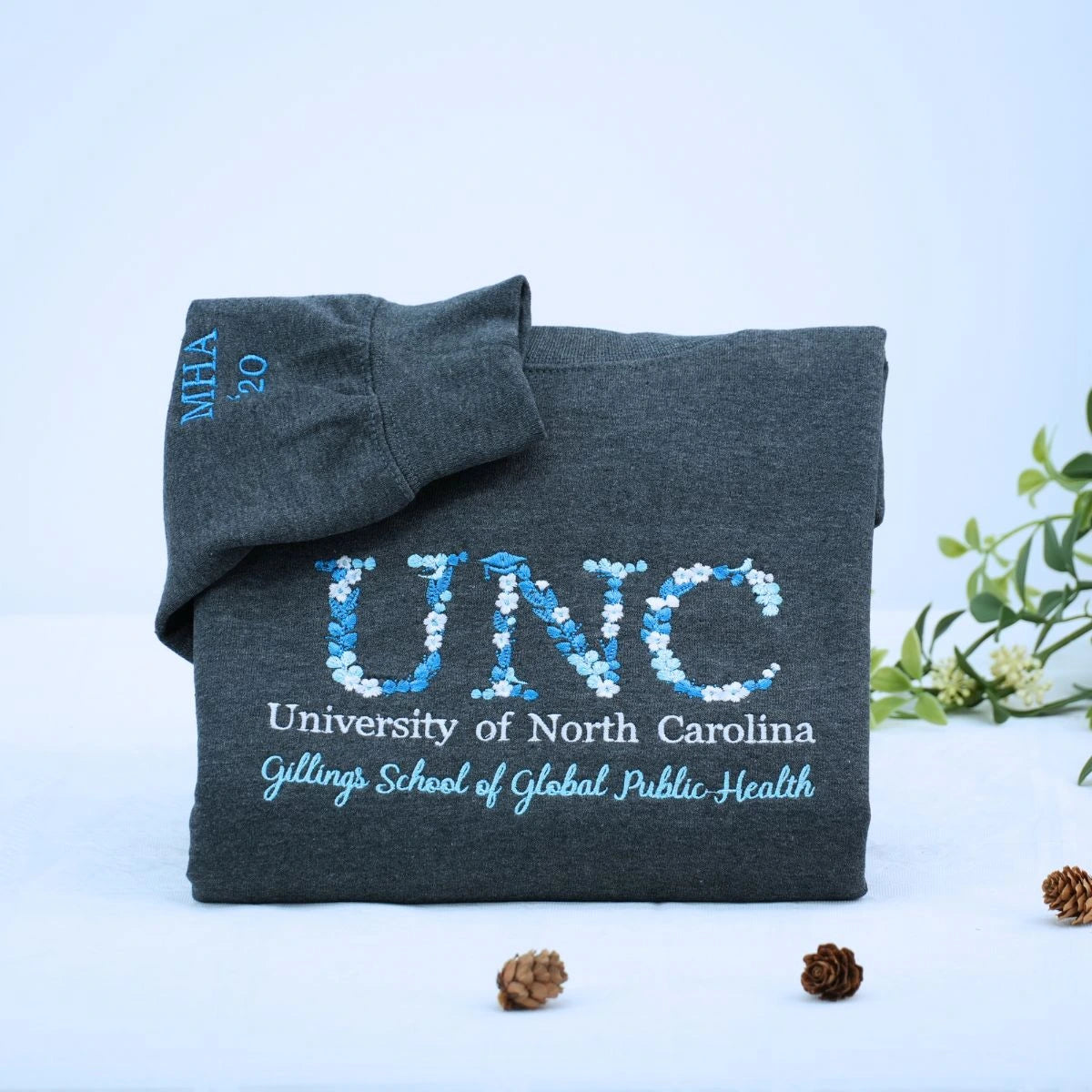 Dark Heather University Sweatshirt with Floral Embroidery, Personalized Graduation Gift 