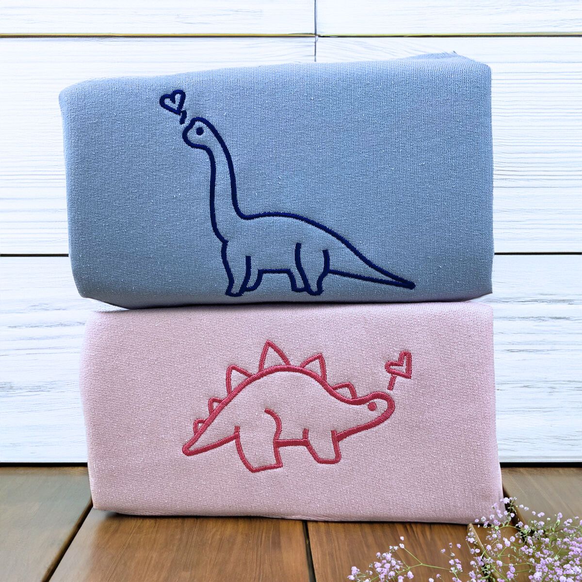 Dinosaurs Couple Sweatshirt or Hoodie, Custom Embroidered Valentines Gift for Husband Wife