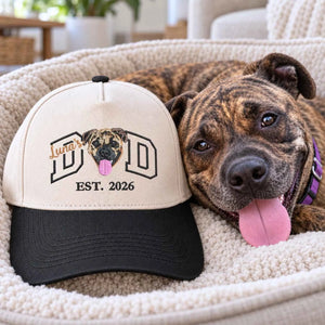 Custom embroidered dog dad hat with personalized pet photo and text Luna's Dad EST 2026