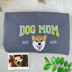 Custom Embroidered Dog Mom Varsity Sweatshirt, Personalized Crewneck with Icon, Gift For Dog Owners