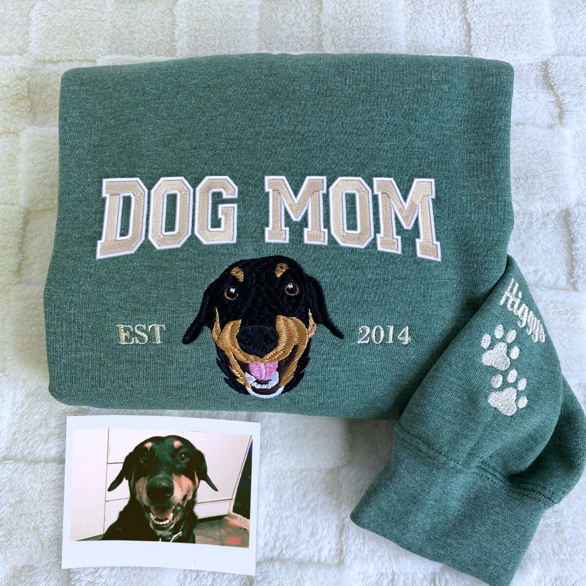 Custom Embroidered Dog Mom Varsity Sweatshirt, Personalized Crewneck with Icon, Gift For Dog Owners - Embroly