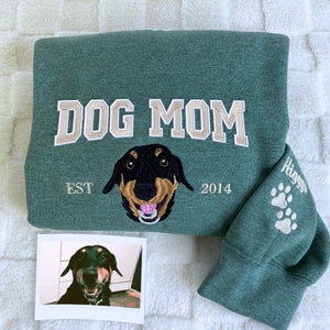 Custom Embroidered Dog Mom Varsity Sweatshirt, Personalized Crewneck with Icon, Gift For Dog Owners