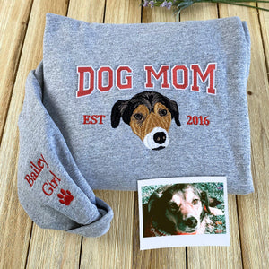 Custom Embroidered Dog Mom Varsity Sweatshirt, Personalized Crewneck with Icon, Gift For Dog Owners - Embroly