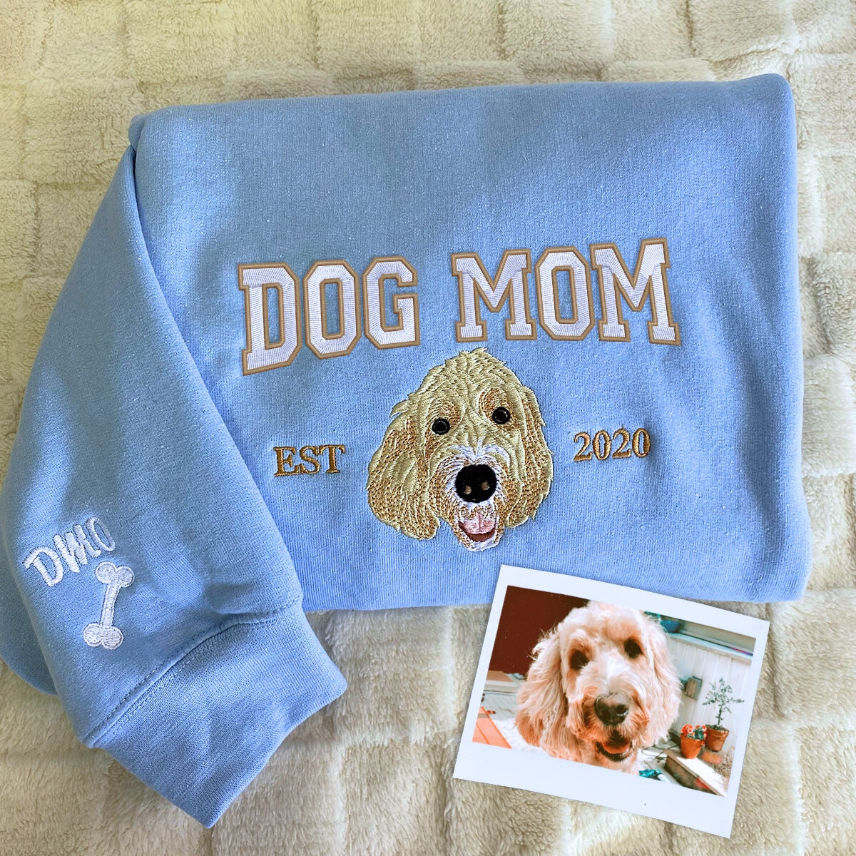 Custom Embroidered Dog Mom Varsity Sweatshirt, Personalized Crewneck with Icon, Gift For Dog Owners - Embroly