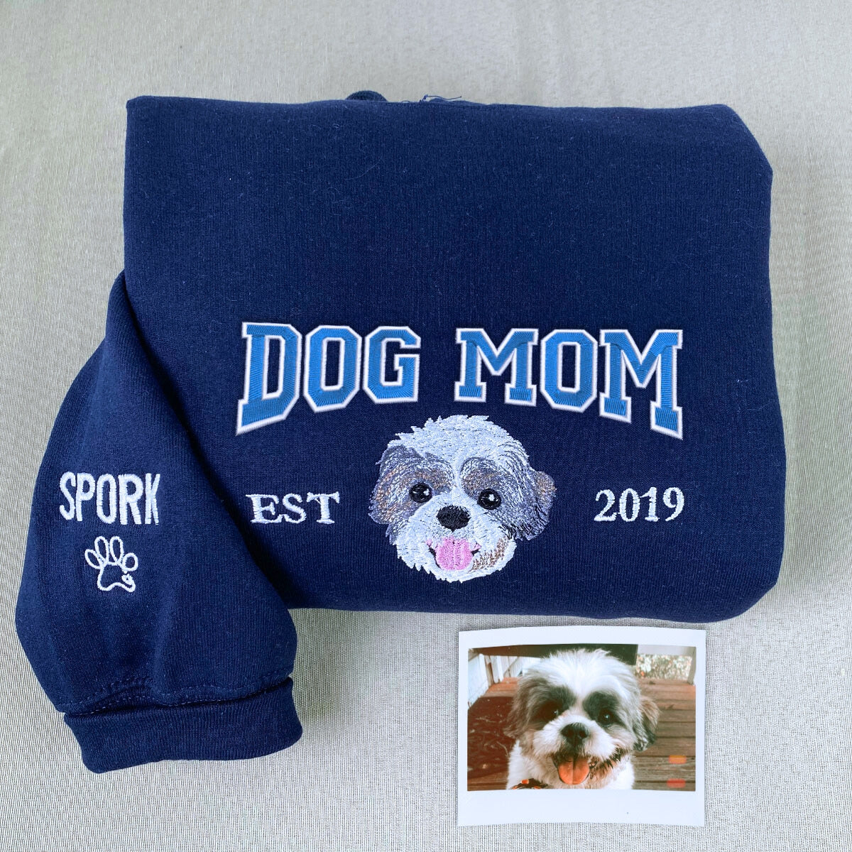 Custom Embroidered Dog Mom Varsity Sweatshirt, Personalized Crewneck with Icon, Gift For Dog Owners - Embroly