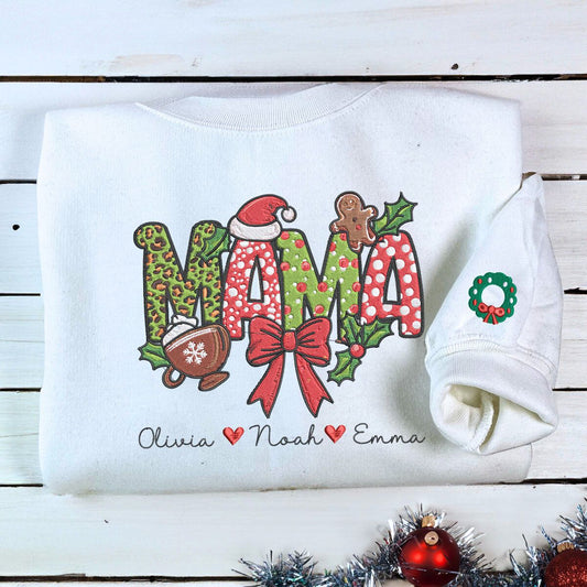 Custom Christmas Mama Sweatshirt or Hoodie, Unique Embroidered Gift for Mama with Kids Names on Chest