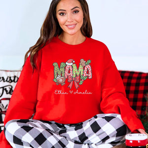 Custom Christmas Mama Sweatshirt or Hoodie, Unique Embroidered Gift for Mama with Kids Names on Chest