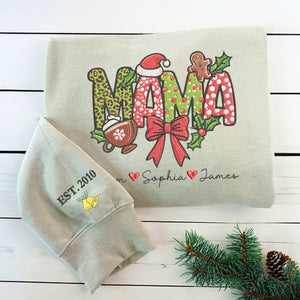 Custom Christmas Mama Sweatshirt or Hoodie, Unique Embroidered Gift for Mama with Kids Names on Chest