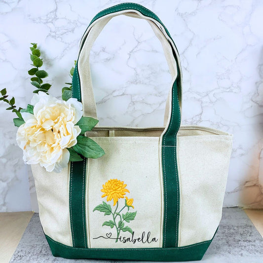 Embroidered Birth Month Flower Tote Bag