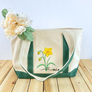 Custom Embroidered Birth Month Flower Tote Bag, Birthday Gift for Her