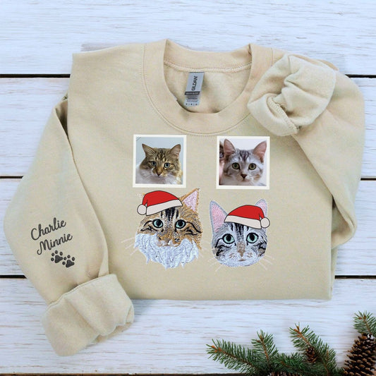 Personalized Cat Christmas Sweatshirt / Hoodie with Embroidered Photo,  Unique Cat Lover Gift