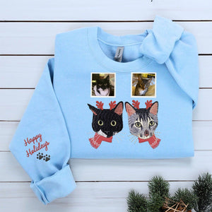 Personalized Cat Christmas Sweatshirt / Hoodie with Embroidered Photo,  Unique Cat Lover Gift