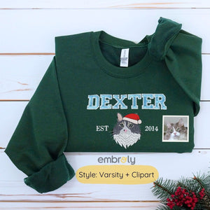 Personalized Cat Christmas Sweatshirt / Hoodie with Embroidered Photo,  Unique Cat Lover Gift