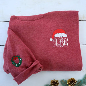 Custom Christmas Monogram Text with Santa Hat Sweatshirt or Hoodie, Embroidered Christmas Gift