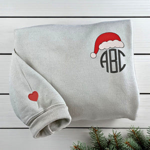 Custom Christmas Monogram Text with Santa Hat Sweatshirt or Hoodie, Embroidered Christmas Gift